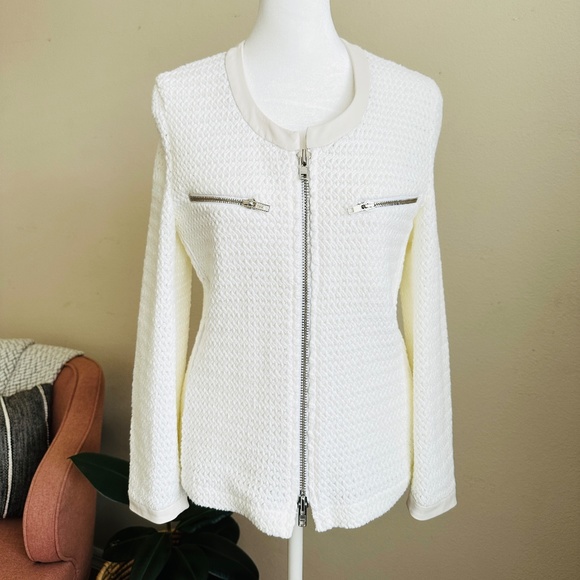 😍 Gorgeous + Unique 🤩 |  AMS Pure Cream White Leather Cotton Knit Jacket 8 - Picture 1 of 15